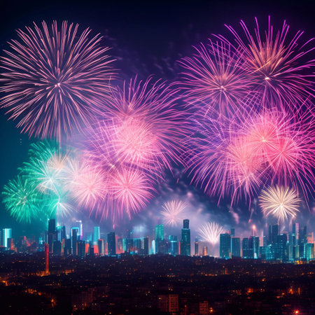 the Fireworks over the big city new year celebrating generative ai illustrationの素材