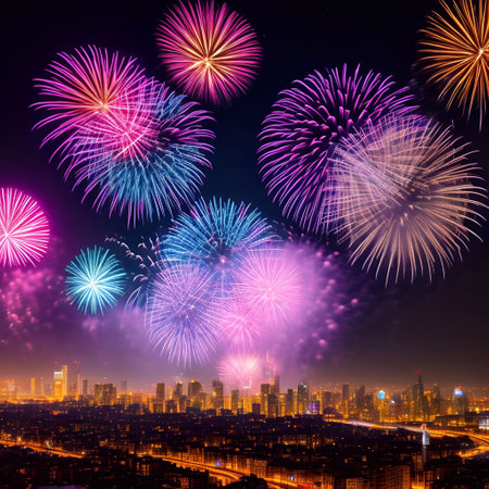 the Fireworks over the big city new year celebrating generative ai illustrationの素材