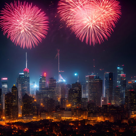 the Fireworks over the big city new year celebrating generative ai illustrationの素材