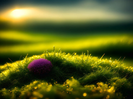 Grassland and morning sunlight background image for Hope, the beginning of a new life, happiness,freedom, warmth generative ai illustrationの素材