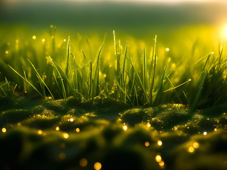 Grassland and morning sunlight background image for Hope, the beginning of a new life, happiness,freedom, warmth generative ai illustrationの素材