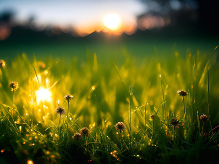Grassland and morning sunlight background image for Hope, the beginning of a new life, happiness,freedom, warmth generative ai illustrationの素材