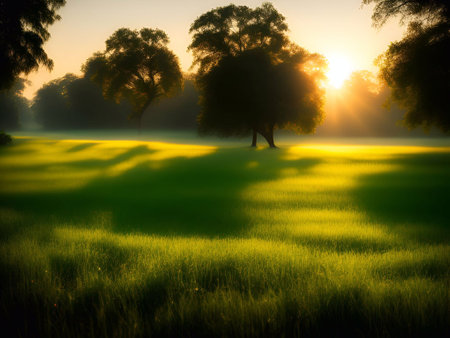 Grassland and morning sunlight background image for Hope, the beginning of a new life, happiness,freedom, warmth generative ai illustrationの素材