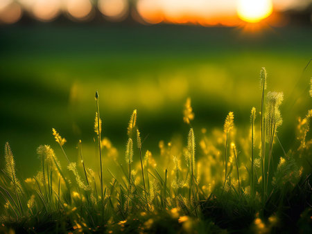 Grassland and morning sunlight background image for Hope, the beginning of a new life, happiness,freedom, warmth generative ai illustrationの素材