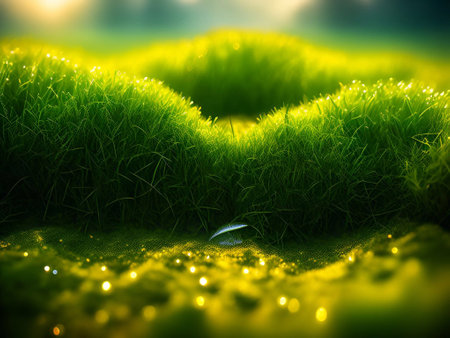 Grassland and morning sunlight background image for Hope, the beginning of a new life, happiness,freedom, warmth generative ai illustrationの素材