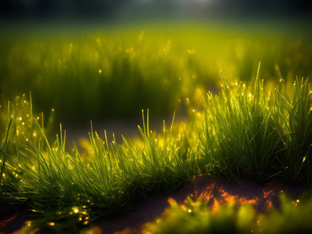 Grassland and morning sunlight background image for Hope, the beginning of a new life, happiness,freedom, warmth generative ai illustrationの素材