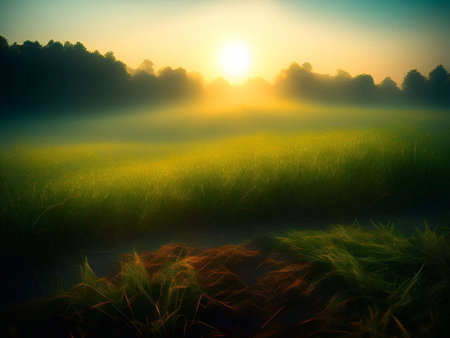 Grassland and morning sunlight background image for Hope, the beginning of a new life, happiness,freedom, warmth generative ai illustrationの素材