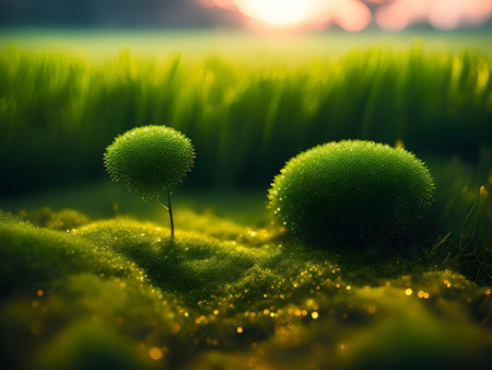 Grassland and morning sunlight background image for Hope, the beginning of a new life, happiness,freedom, warmth generative ai illustrationの素材