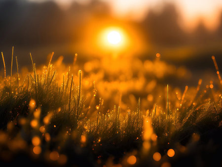Grassland and morning sunlight background image for Hope, the beginning of a new life, happiness,freedom, warmth generative ai illustrationの素材