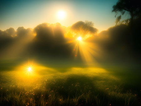 Grassland and morning sunlight background image for Hope, the beginning of a new life, happiness,freedom, warmth generative ai illustrationの素材