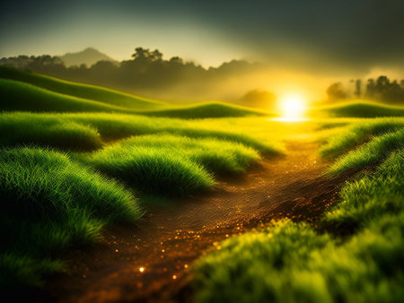Grassland and morning sunlight background image for Hope, the beginning of a new life, happiness,freedom, warmth generative ai illustrationの素材