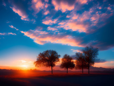 Grassland and morning sunlight background image for Hope, the beginning of a new life, happiness,freedom, warmth generative ai illustrationの素材