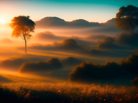 Grassland and morning sunlight background image for Hope, the beginning of a new life, happiness,freedom, warmth generative ai illustrationの素材