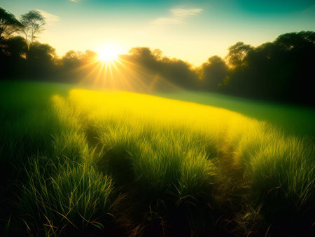 Grassland and morning sunlight background image for Hope, the beginning of a new life, happiness,freedom, warmth generative ai illustrationの素材
