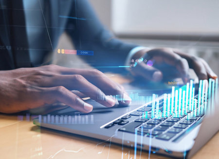 Businessman using laptop, Close-up of hand with holographic cinema light graphics generative ai illustrationの素材