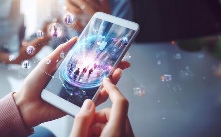 People using mobile phones with holographic graphics on internet communication technology, generative AIの素材