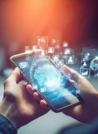 People using mobile phones with holographic graphics on internet communication technology, generative AIの素材