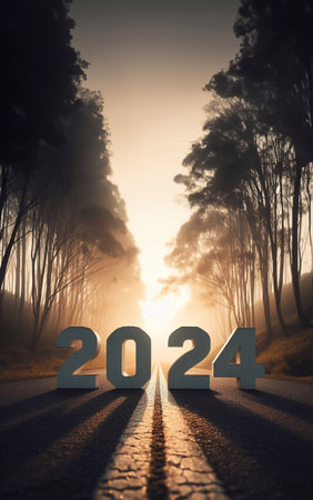 new year 2024, a picture of a highway in the middle of nature, copy space background ,generative aiの素材