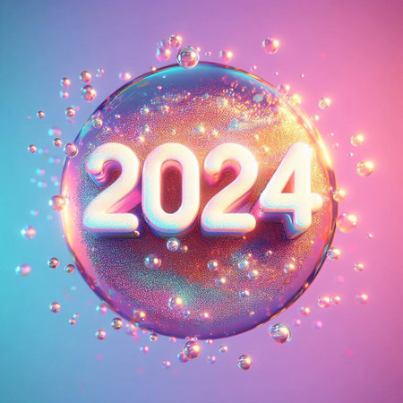 New Year 2024 numbers on a pastel liquid glitter background with glitter and light reflections generative ai illustrationの素材