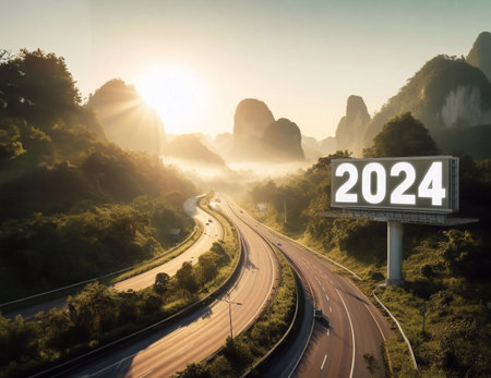 new year 2024, a picture of a highway in the middle of nature, copy space background ,generative aiの素材