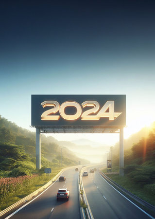 new year 2024, a picture of a highway in the middle of nature, copy space background ,generative aiの素材