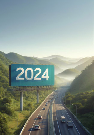 new year 2024, a picture of a highway in the middle of nature, copy space background ,generative aiの素材