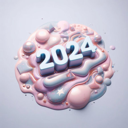 New Year 2024 numbers on a pastel liquid glitter background with glitter and light reflections generative ai illustrationの素材