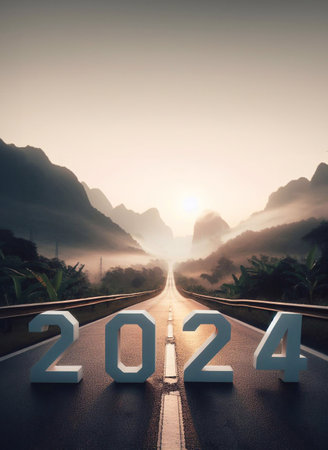 new year 2024, a picture of a highway in the middle of nature, copy space background ,generative aiの素材
