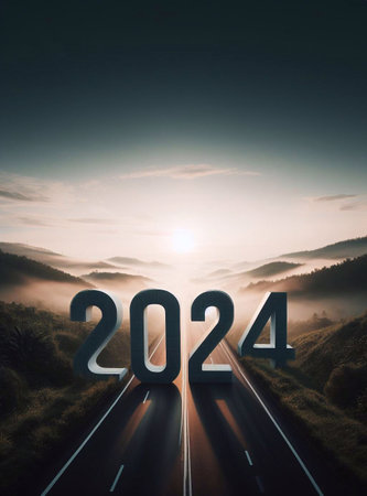 new year 2024, a picture of a highway in the middle of nature, copy space background ,generative aiの素材