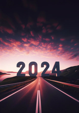new year 2024, a picture of a highway in the middle of nature, copy space background ,generative aiの素材