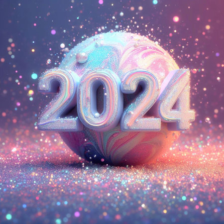 New Year 2024 numbers on a pastel liquid glitter background with glitter and light reflections generative ai illustrationの素材
