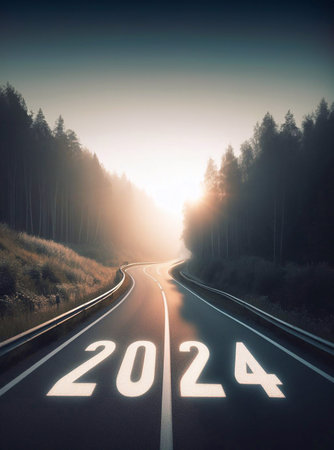 new year 2024, a picture of a highway in the middle of nature, copy space background ,generative aiの素材