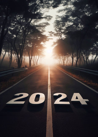new year 2024, a picture of a highway in the middle of nature, copy space background ,generative aiの素材