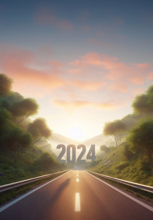 new year 2024, a picture of a highway in the middle of nature, copy space background ,generative aiの素材