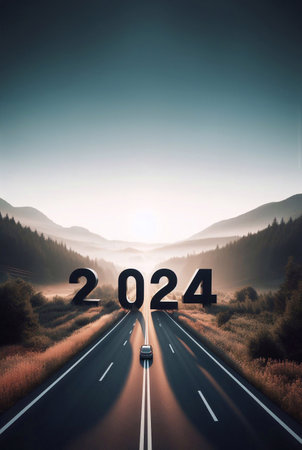 new year 2024, a picture of a highway in the middle of nature, copy space background ,generative aiの素材