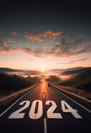 new year 2024, a picture of a highway in the middle of nature, copy space background ,generative aiの素材