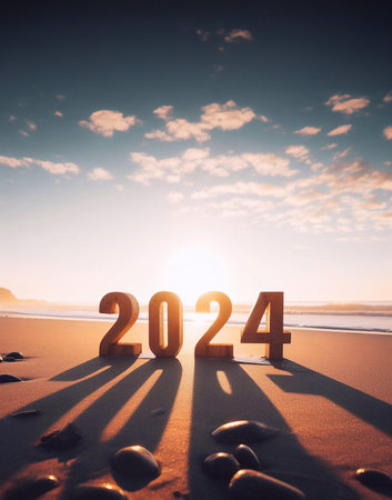 Happy New Year 2024, picture of 2024 numbers on the beach in the morning light generative aiの素材