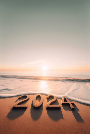 Happy New Year 2024, picture of 2024 numbers on the beach in the morning light generative aiの素材