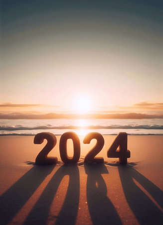 Happy New Year 2024, picture of 2024 numbers on the beach in the morning light generative aiの素材