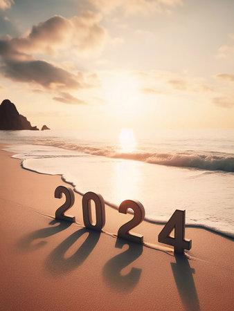 Happy New Year 2024, picture of 2024 numbers on the beach in the morning light generative aiの素材