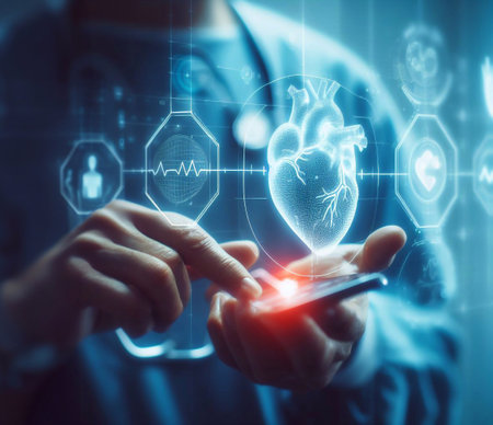 Doctor using cardiac hologram in operating room generative ai illustration artの素材