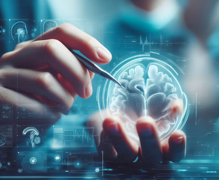 Doctor is using hologram of brain system in operating room generative ai illustrationの素材