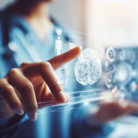 Doctor is using hologram of brain system in operating room generative ai illustrationの素材