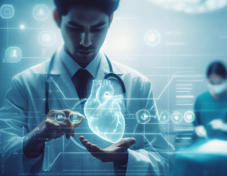Doctor using cardiac hologram in operating room generative ai illustrationの素材