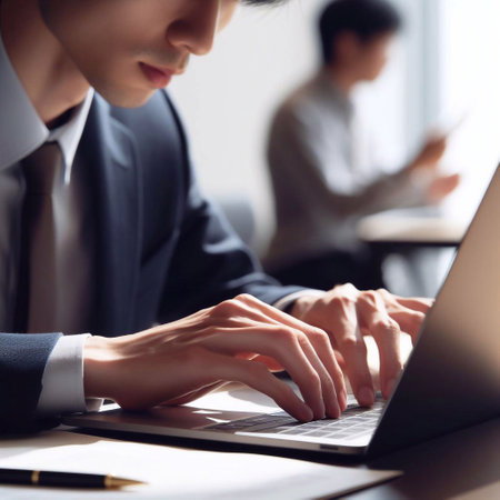Businessman's hands are using a laptop computer generative ai illustrationの素材