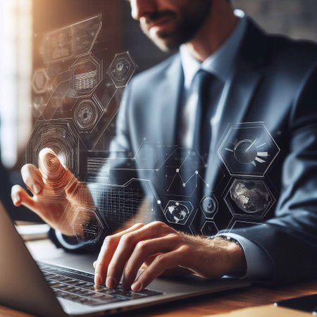 Businessman's hands are using a laptop computer generative ai illustrationの素材