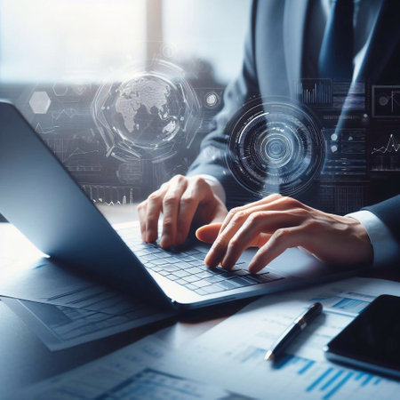 Businessman's hands are using a laptop computer generative ai illustrationの素材