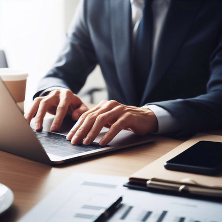 Businessman's hands are using a laptop computer generative ai illustrationの素材