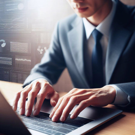 Businessman's hands are using a laptop computer generative ai illustrationの素材