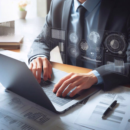 Businessman's hands are using a laptop computer generative ai illustrationの素材